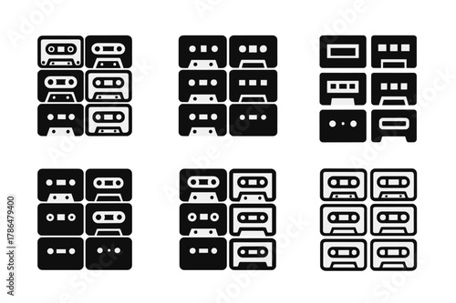 Vintage Electronics Logos. Decorating with vintage electronics. Set Logo of Decorating with vintage electronics: cassette tape wall art grid. Icon set.