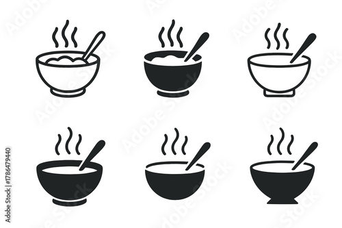 School Morning Logos. Getting the kids ready for school. Set Logo of Getting the kids ready for school: breakfast bowl with spoon and steam. Icon