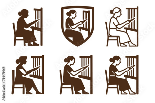 Rural Women Entrepreneurs Logos. Women entrepreneurs in rural areas. Set Logo of women entrepreneurs in rural areas: weaving loom with shuttle. Icon set.