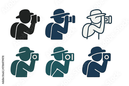 Camera Traveler Logos. Holding a camera. Set Logo of Holding a camera: traveler holding camera and peeking through viewfinder. Icon set. harmonious logo