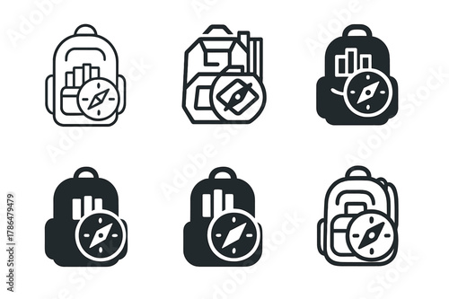 Educational Logo Variations. Educational field trips and excursions. Set Logo of Educational field trips and excursions: backpack with books and compass. Icon