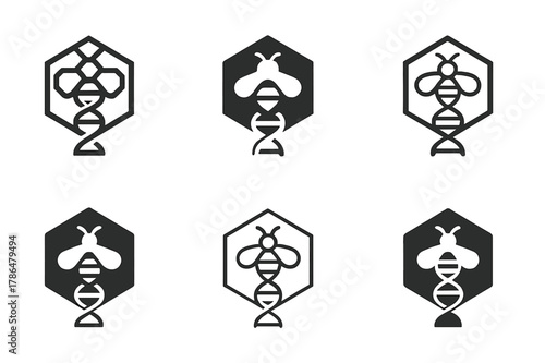 Genetic Harmony Logos. Genetically modified plants and animals. Set Logo of Genetically modified plants and animals: honeybee over hex DNA comb. Icon set.