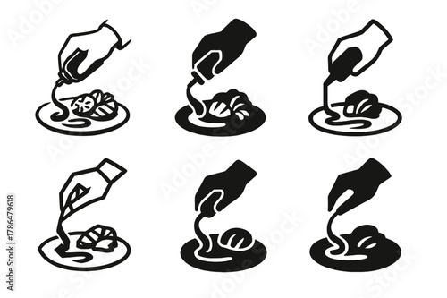 Balsamic Glaze Logos. A chef adding a drizzle of balsamic glaze over a dish of grilled vegetables. Set Logo of A chef adding a drizzle of balsamic glaze over a