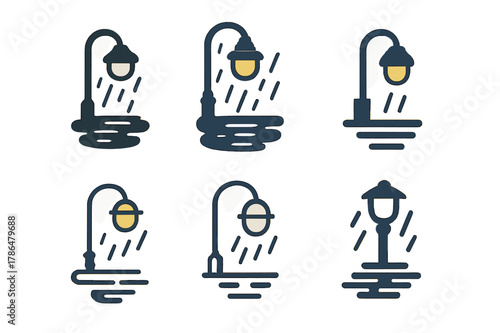 Rainy Mood Icons. Rainy mood illustration. Set Logo of Rainy mood illustration: streetlight with wet reflections. Icon set. harmonious logo variations of the