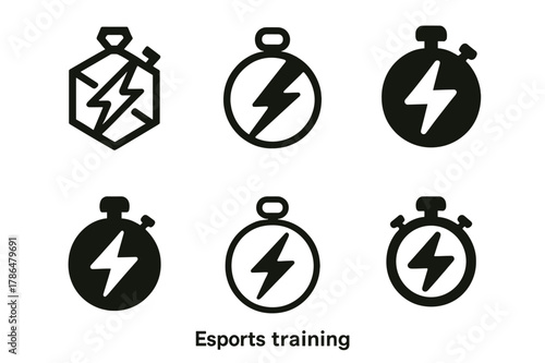Esports Logo Variations. Esports training. Icon set. Set Logo of esports training: reaction timer stopwatch with bolt. harmonious logo variations of the same