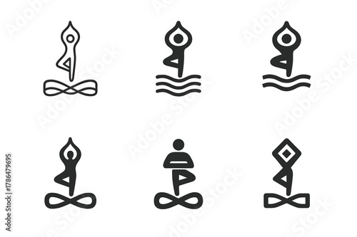 Fitness Logo Variations. Fitness and workout trends (HIIT, yoga). Icon set. Set Logo of Fitness and workout trends (HIIT, yoga): resistance band