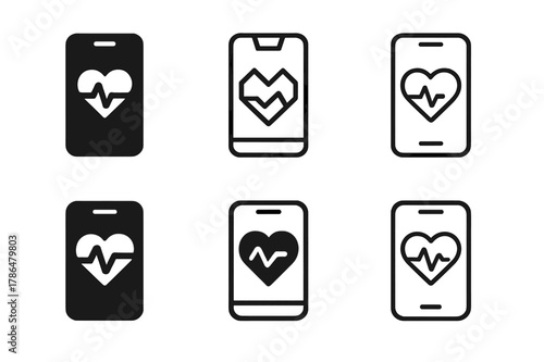 Healthcare App Logos. Healthcare mobile app. Set Logo of Healthcare mobile app: heart rate waveform on phone screen. Icon set. harmonious logo variations of