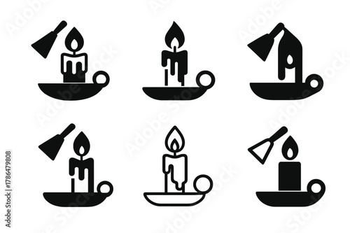 Hanukkah Candle Icons. Hanukkah celebrations with menorahs and candles. Set Logo of candle care: candle tray with snuffer and wax drips. Icon set. harmonious