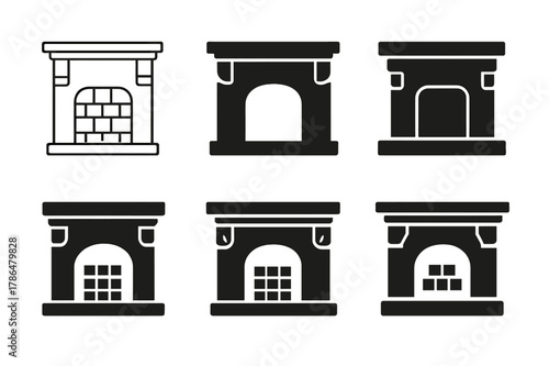 Fireplace Mantel Logos. fireplace mantel. Set Logo of fireplace mantel: tiled surround with mantel corbels. Icon set. harmonious logo variations of the same
