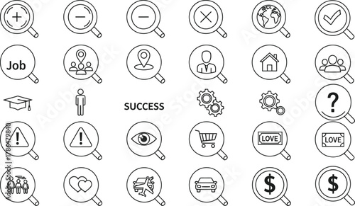 Comprehensive Search Icon Set Job Success Career Finding Opportunity Searching Information Website Graphic Element Magnifying Glass Collection
