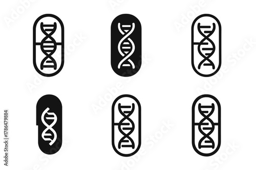 Genetic Testing Logos. Genetic testing in healthcare. Set Logo of Genetic testing in healthcare: capsule with DNA pattern inside. Icon set. harmonious logo