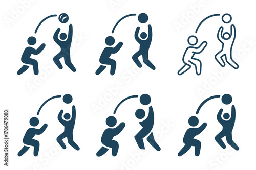 Volleyball Teamwork Logos. A person participating in a team sport like volleyball, showing teamwork. Set Logo of A person participating in a team sport like