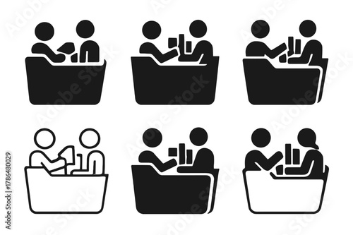 Librarians Icon Set. Librarians organizing books and resources. Icon set. Set Logo of Librarians organizing books and resources: open archive folder.