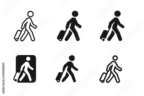 Suitcase Icon Variations. Wheeling a suitcase. Set Logo of wheeling a suitcase: airport corridor walk. Icon set. harmonious logo variations of the same
