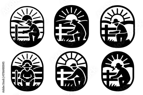 Farmer Fence Logos. A farmer repairing a wooden fence in a field. Set Logo of A farmer repairing a wooden fence in a field: sunrise over pasture with fixed