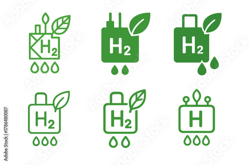 Climate Solutions Icons. Innovative solutions for climate change. Icon set. Set Logo of innovative solutions for climate change: green hydrogen electrolyzer.