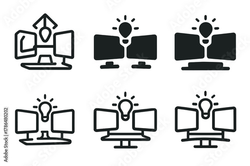 Creative Workspace Logos. Creative workspace setups that spark inspiration. Icon set. Set Logo of creative workspace setups that spark inspiration: dual