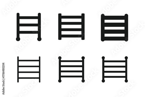 Towel Rack Logos. towel rack bar. Set Logo of towel rack bar: heated ladder-style towel rail. Icon set. harmonious logo variations of the same emblematic