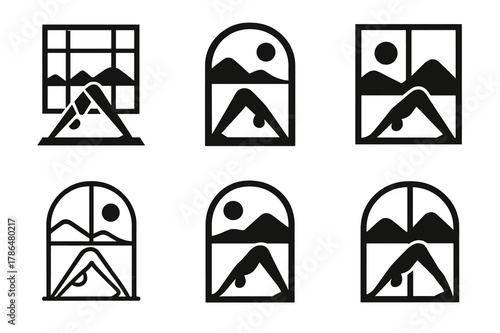 Yoga Emblem Variations. A person performing yoga poses in front of a window with a beautiful view. Icon set. Set Logo of yoga scene: downward dog silhouette