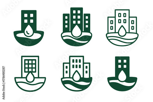 Eco-Friendly Architecture Icons. Designing buildings with water conservation in mind. Icon set. Set Logo of eco-friendly architecture: water retention pond.