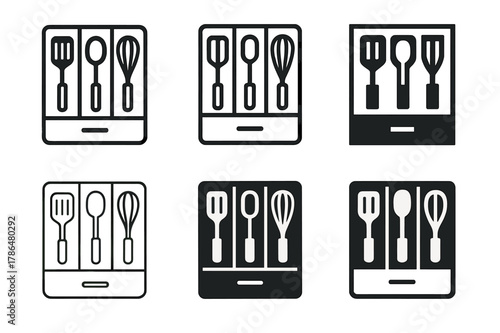 Kitchen Organizer Logos. Using drawer organizers for kitchen gadgets. Set Logo of Using drawer organizers for kitchen gadgets: compartmentalized kitchen tools