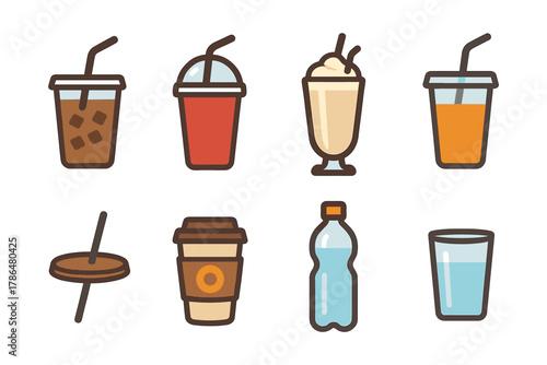Colorful beverage icons set featuring coffee, juice, and water in modern outline style