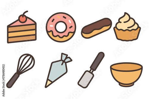 Flat style baking icons with desserts and pastry tools in colorful design