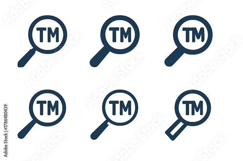 Trademark Logo Designs. Lawyers and clients discussing intellectual property cases. Set Logo of trademark search: magnifying glass over ? mark. Icon set.