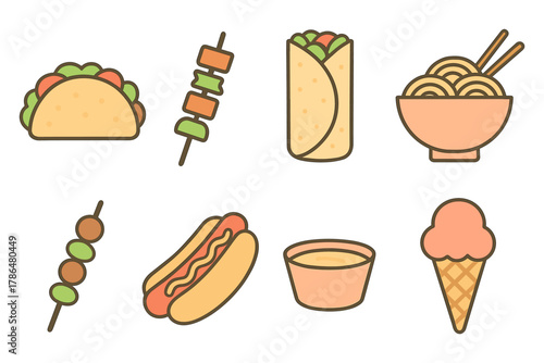 Colorful flat design fast food icons: taco, kebab, burrito, noodles, ice cream, hot dog, soup
