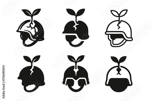 Apocalyptic Growth Logos. Post-apocalyptic societies. Set Logo of Post-apocalyptic societies: sprouting plant in cracked helmet. Icon set. harmonious logo