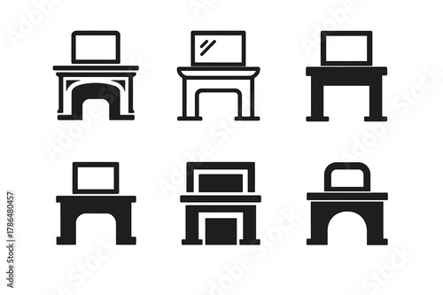 Fireplace Mantel Logos. fireplace mantel. Set Logo of fireplace mantel: mantel with framed mirror. Icon set. harmonious logo variations of the same emblematic