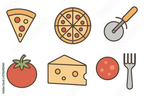 Flat design icons of pizza ingredients and utensils