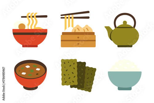 Delicious asian cuisine elements with minimalist flat icons for menu design