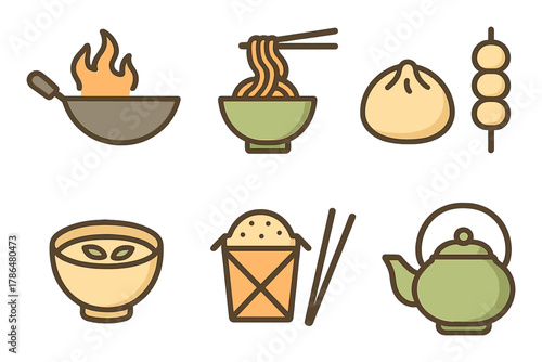 Colorful flat icons of asian cuisine with dumplings, noodles, and teapot