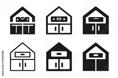 Home Renovation Logos. Home renovation and remodeling. Set Logo of Home renovation and remodeling: kitchen cabinet installation with level tool. Icon set.