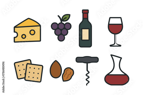 Wine tasting essentials with cheese, crackers, and grapes in flat design