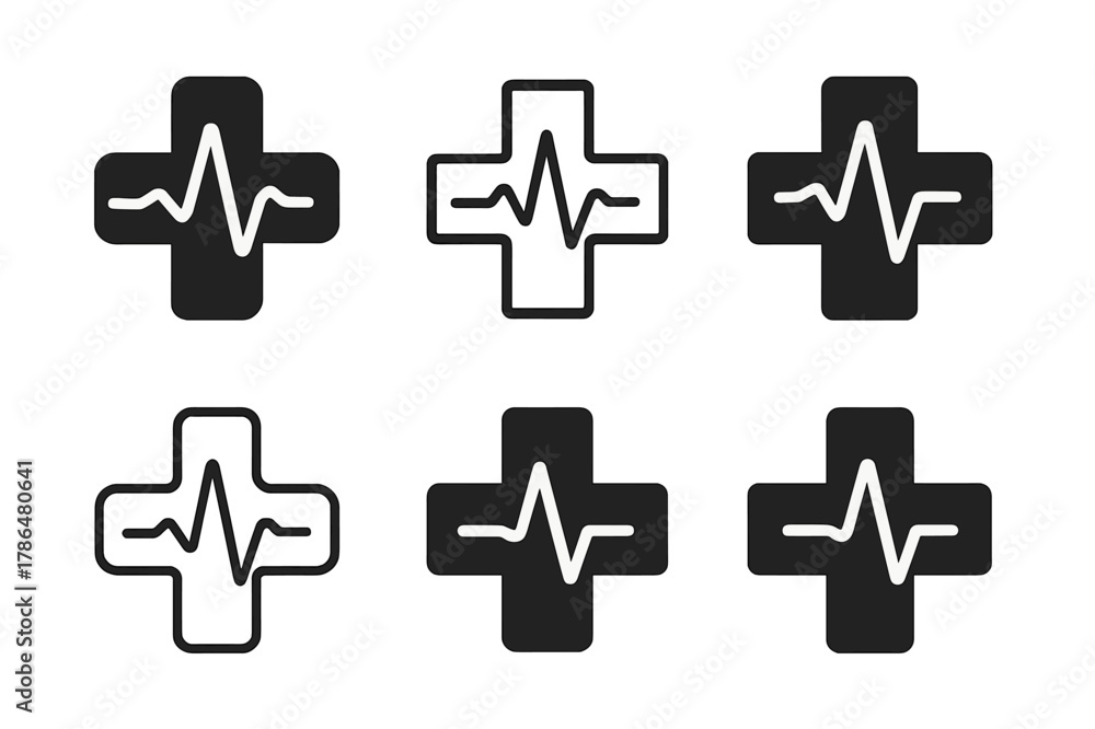 Obraz premium Medical Cross Logos. Medical cross symbol. Set Logo of Medical cross symbol: cross with pulse wave merging through arms. Icon set. harmonious logo variations