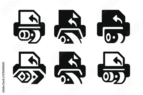 Printer Jam Logos. Fixing printer paper jam. Icon set. Set Logo of Fixing printer paper jam: paper feed rollers. harmonious logo variations of the same