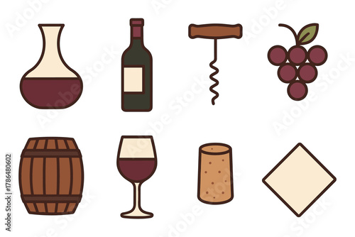 Wine elements set: decanter, bottle, corkscrew, grapes, barrel, glass, cork, cheese