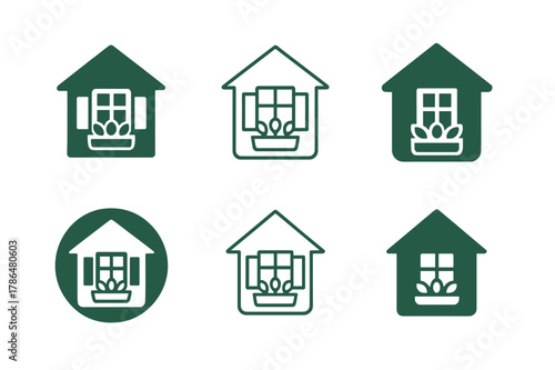 Landscaping Logo Variations. Property landscaping and curb appeal. Set Logo of property landscaping and curb appeal: house facade with window boxes and