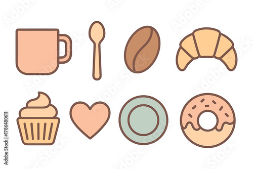 Simple breakfast icons set featuring coffee, pastry, and tableware in flat style