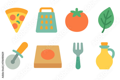 Flat style food icons: pizza, tomato, leaf, and cooking utensils