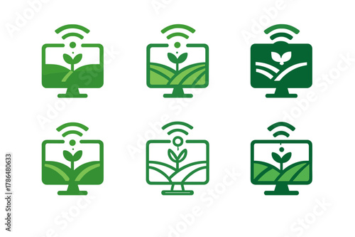 Smart Agriculture Logos. Smart agriculture solutions. Icon set. Set Logo of Smart agriculture solutions: farm analytics dashboard. harmonious logo variations