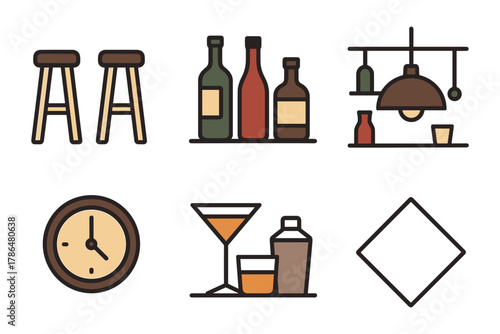 Modern bar icons set with stools, drinks, and cocktail essentials