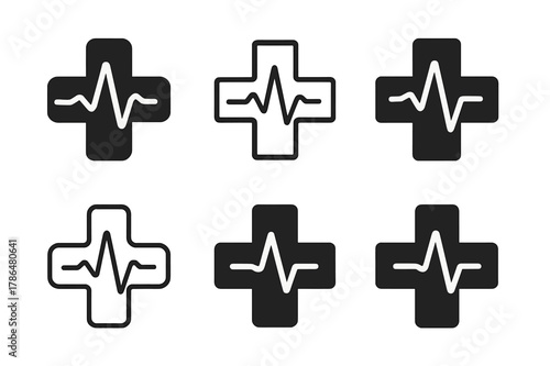 Medical Cross Logos. Medical cross symbol. Set Logo of Medical cross symbol: cross with pulse wave merging through arms. Icon set. harmonious logo variations
