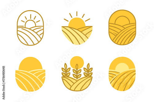 Wheat Field Logo Variations. A field of golden wheat swaying in the breeze. Set Logo of a field of golden wheat swaying in the breeze: sunlit horizon over