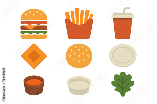Flat fast food icons: burger, fries, drink, and more elements collection