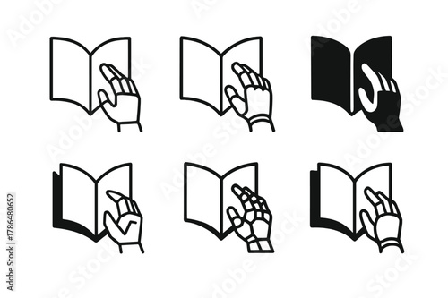 Sci-Fi Book Logos. Science fiction books. Icon set. Set Logo of sci-fi books: robotic hand turning a page. harmonious logo variations of the same emblematic