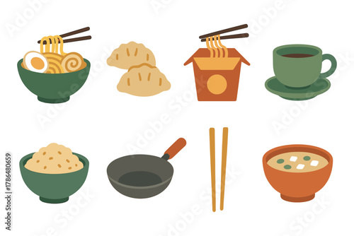 Asian cuisine icons set featuring noodles, dumplings, and more in flat style