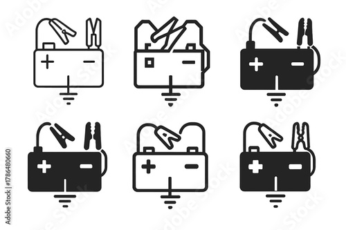 Car Battery Logos. Car battery with jumper cables. Icon set. Set Logo of Car battery with jumper cables: ground connection point. harmonious logo variations of